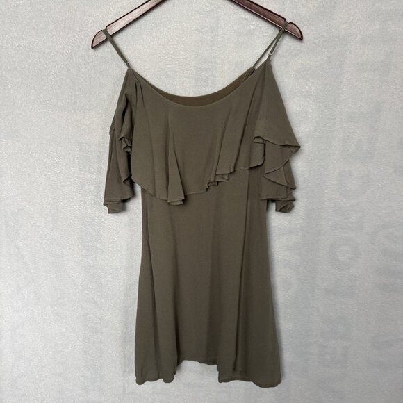 Lulus Olive Green Boho Chic Cold Shoulder Ruffle Women A line Mini Dress XS - Picture 8 of 12